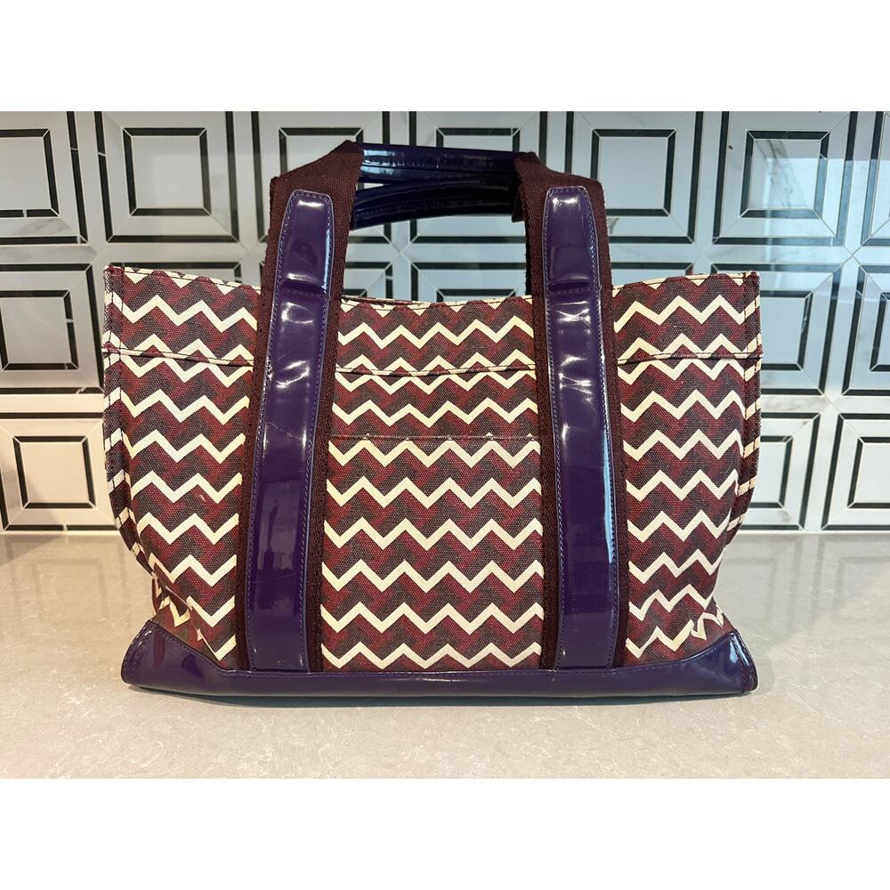 EUC Tory Burch Chevron Canvas Tote Bag Purple Patent Leather Trim Shoulder Bag